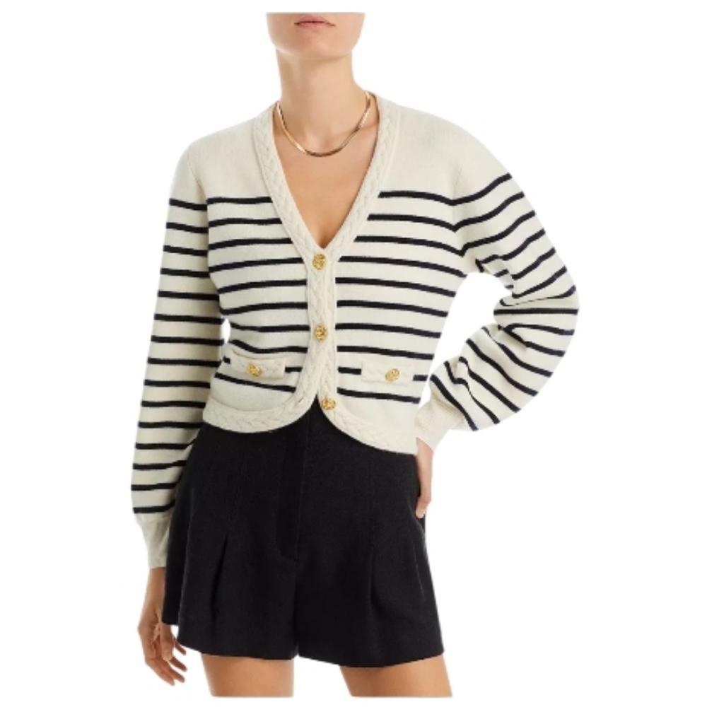 Aqua Women's Braid Trim Cashmere Cardigan Size L Navy Blue Ivory Parisian Stripe